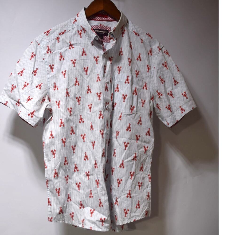 Johnston & Murphy Lobster Print Short Sleeve Button Down Shirt Men Size S Cotton